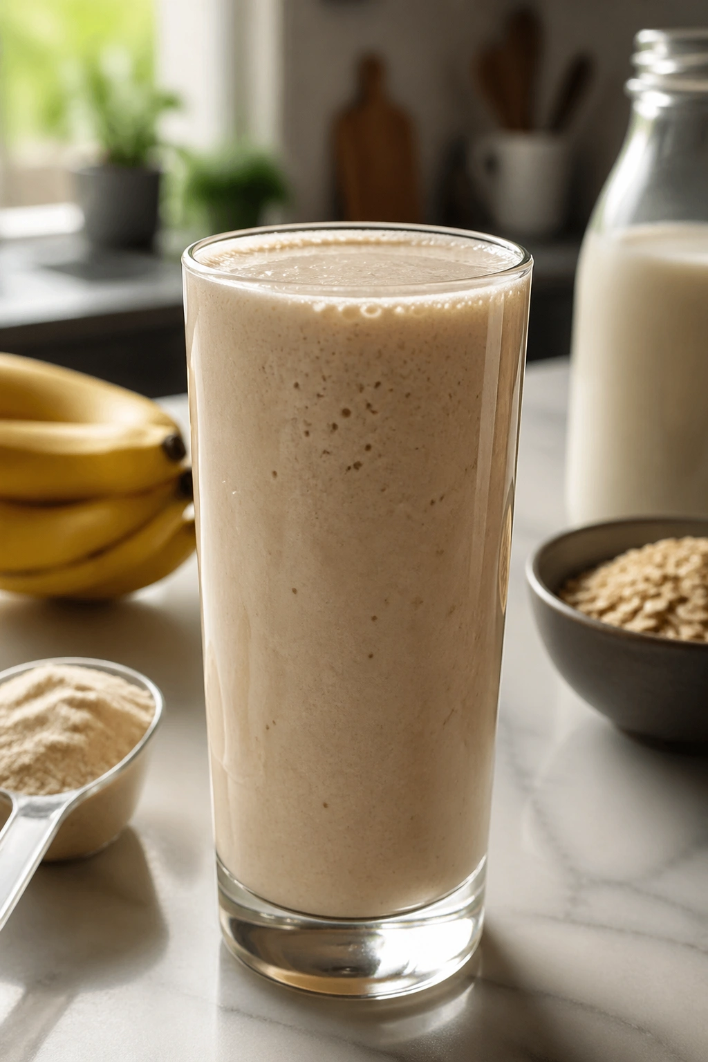 Tall glass of protein smoothie for early-morning workout