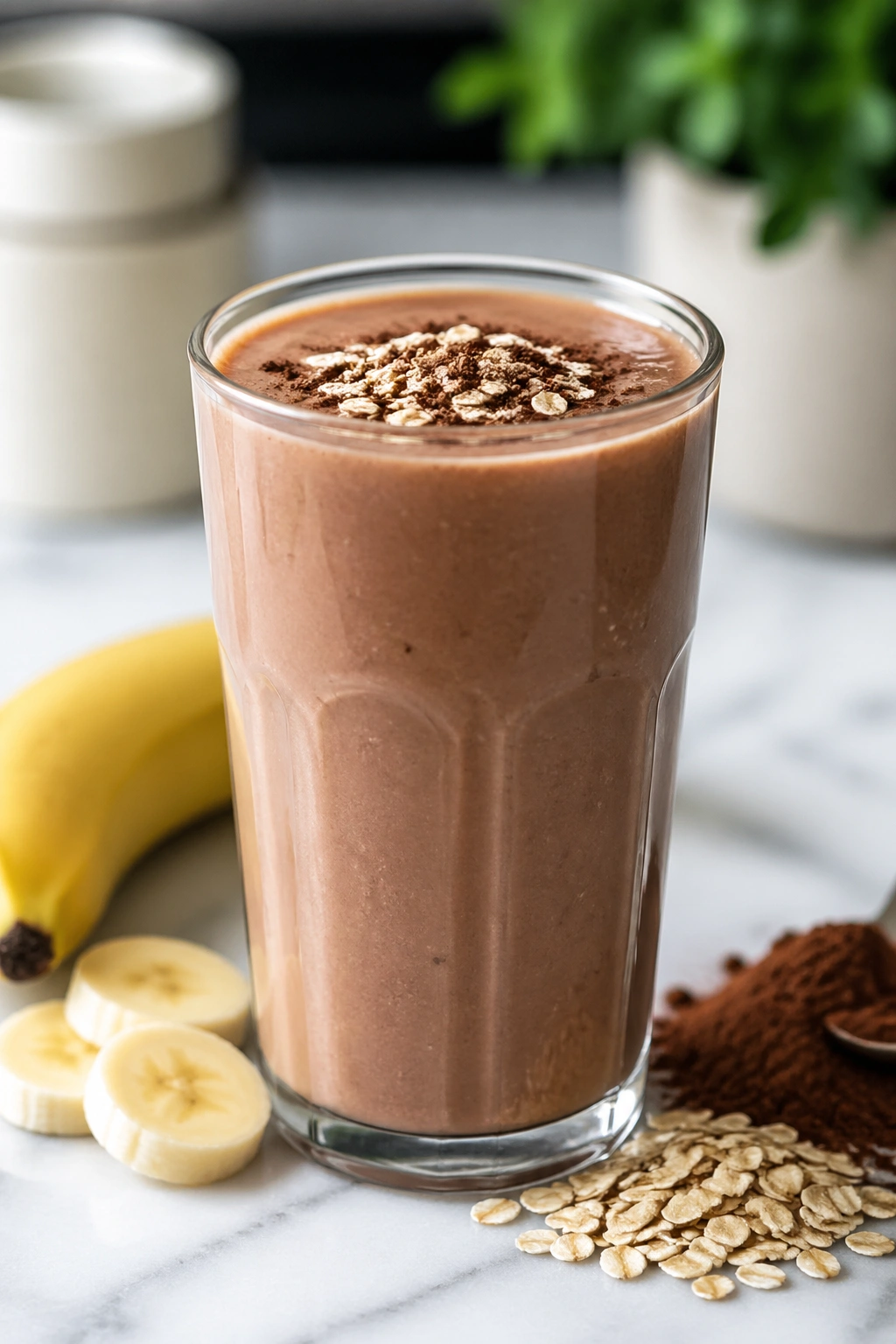Close-up glass of whey oats banana cocoa smoothie