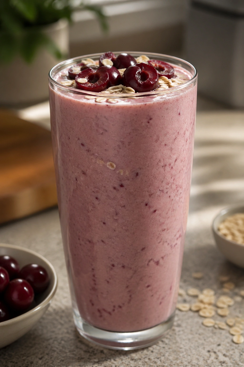 Close-up of a glass of protein smoothie with oats and cherries in a bright kitchen