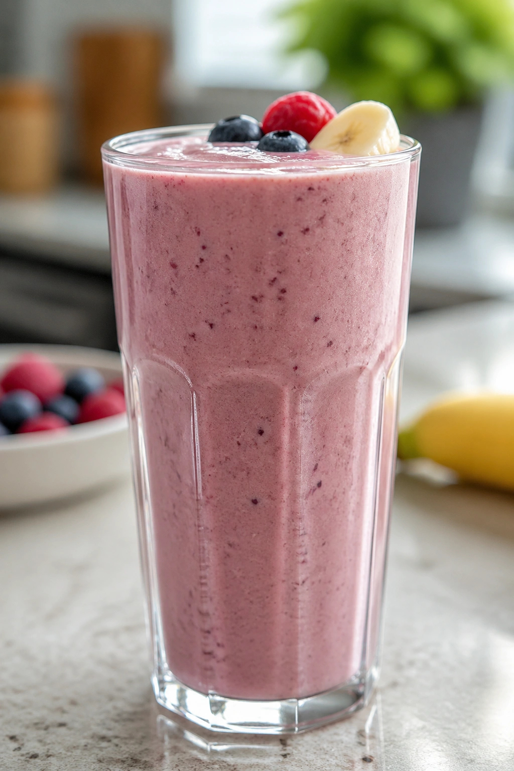 Tall glass of protein smoothie on a kitchen counter