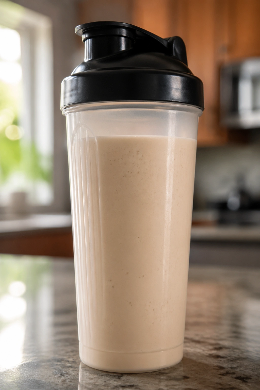 Close-up of a protein smoothie in a shaker bottle for post-workout fueling