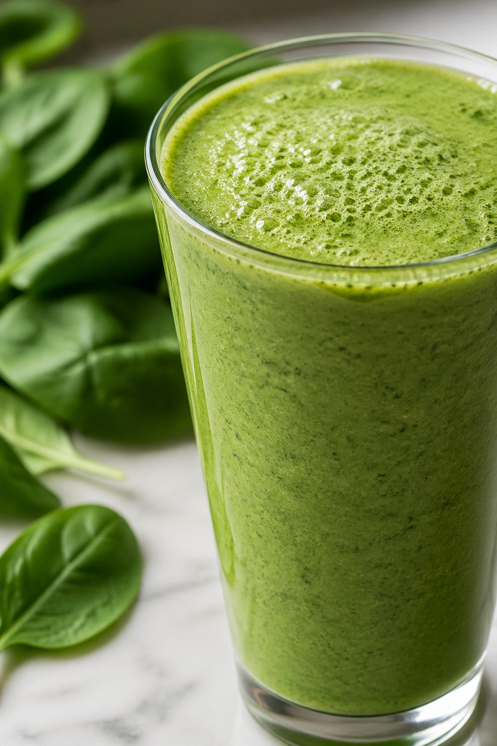 Close-up of green protein smoothie with spinach in the background