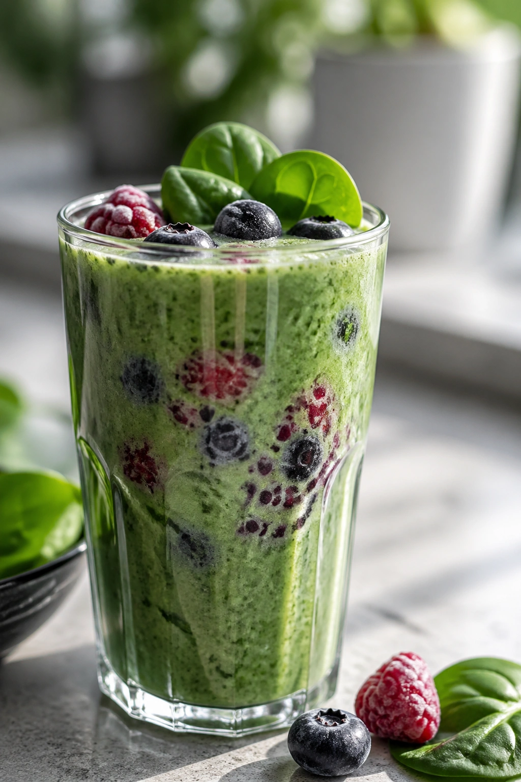 Glass of spinach and berry protein smoothie ready for pre-workout fueling