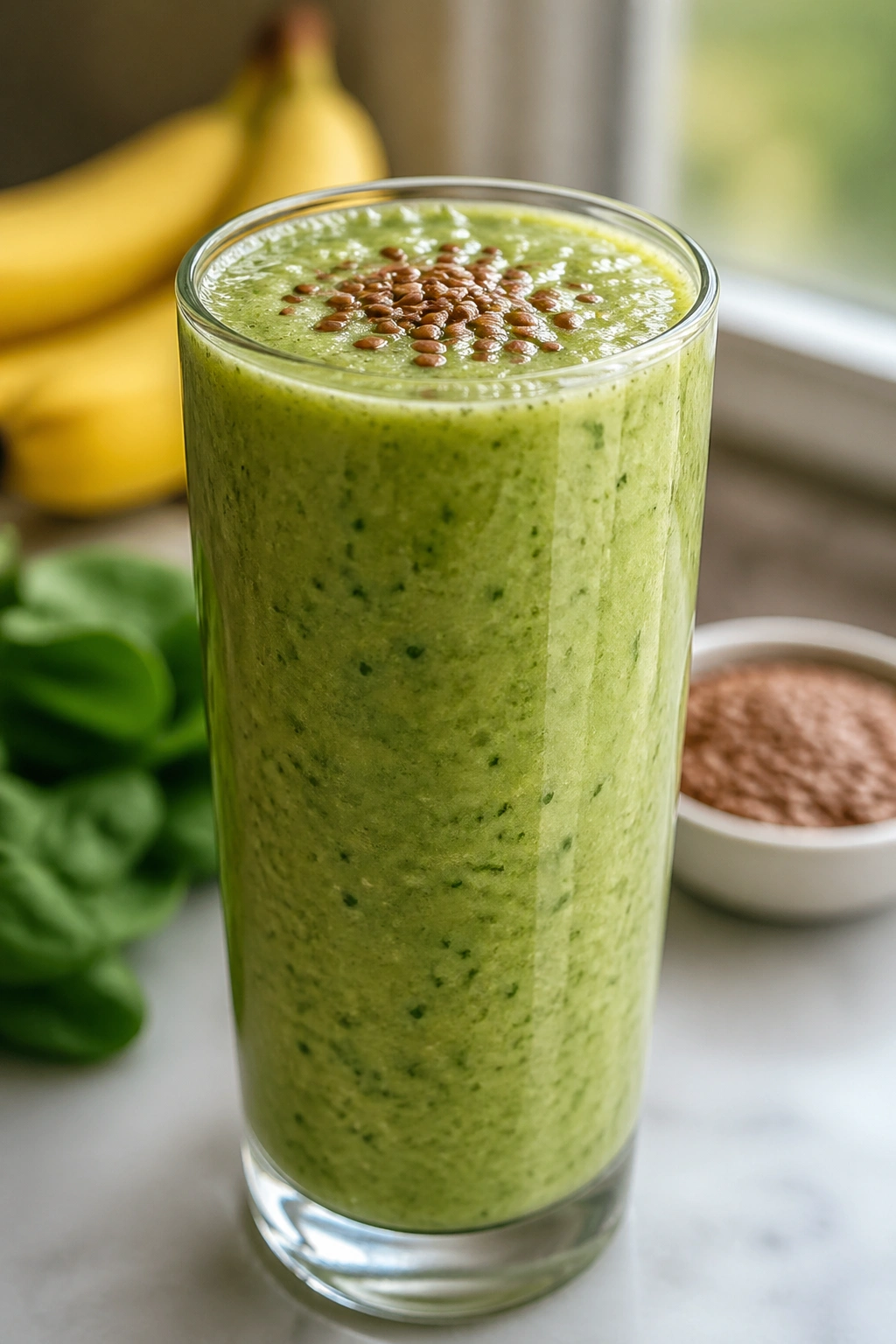 Close-up of a green spinach banana flax protein smoothie in a tall glass on a kitchen counter