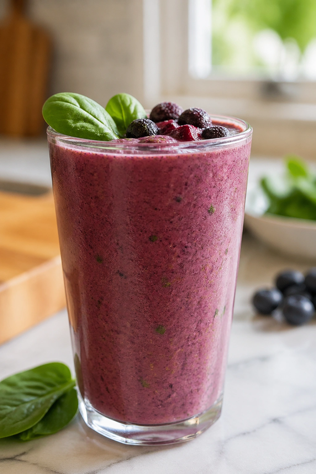 Glass of spinach and frozen fruit protein smoothie on a kitchen counter.