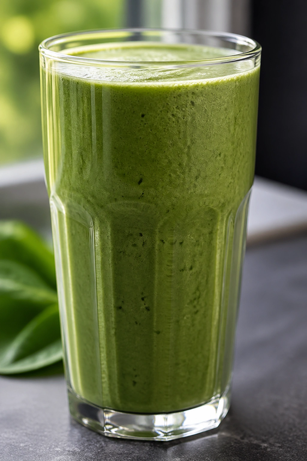 Tall glass of green whey protein spinach smoothie on a kitchen counter