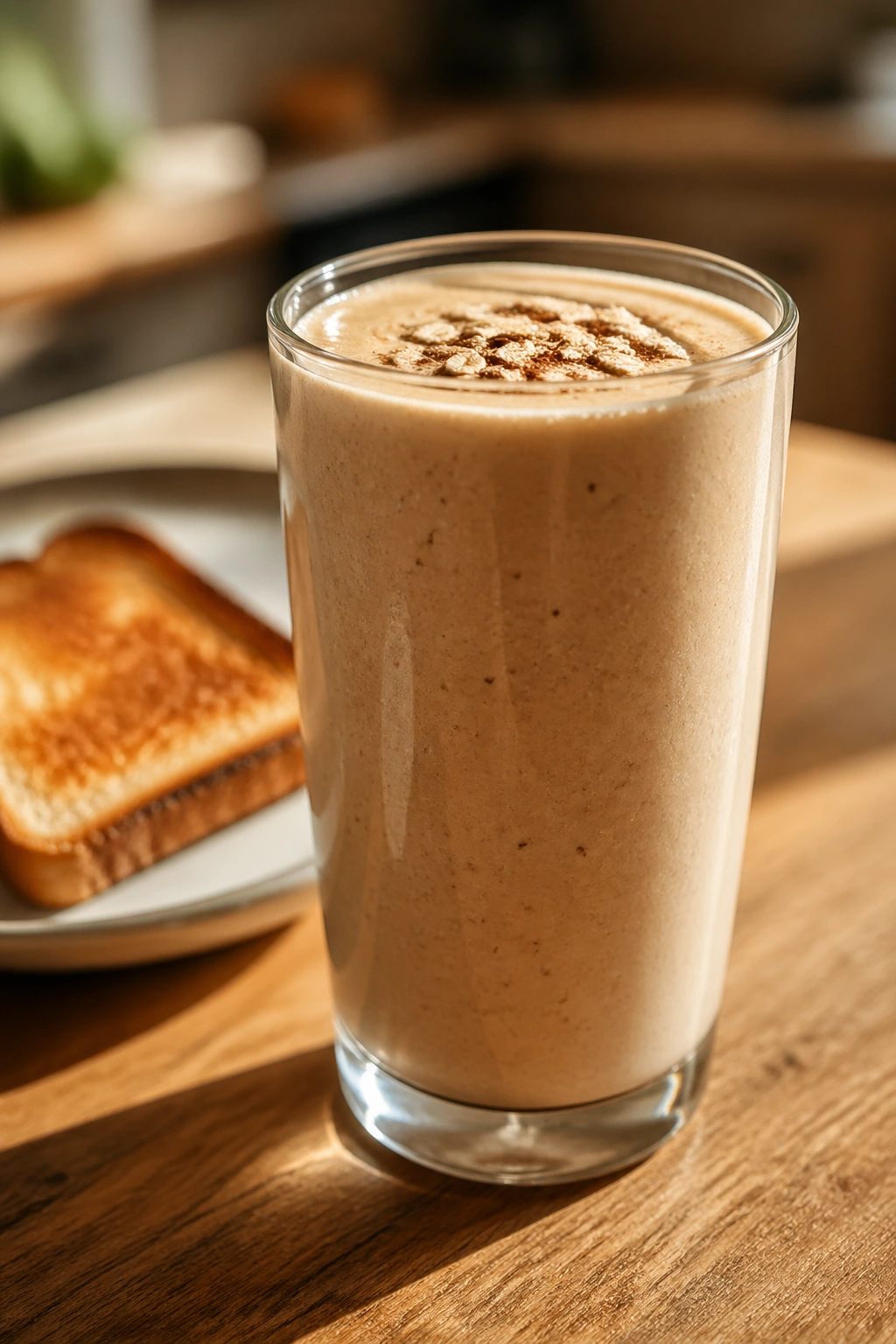 Close-up of protein smoothie in a glass with toast in the background