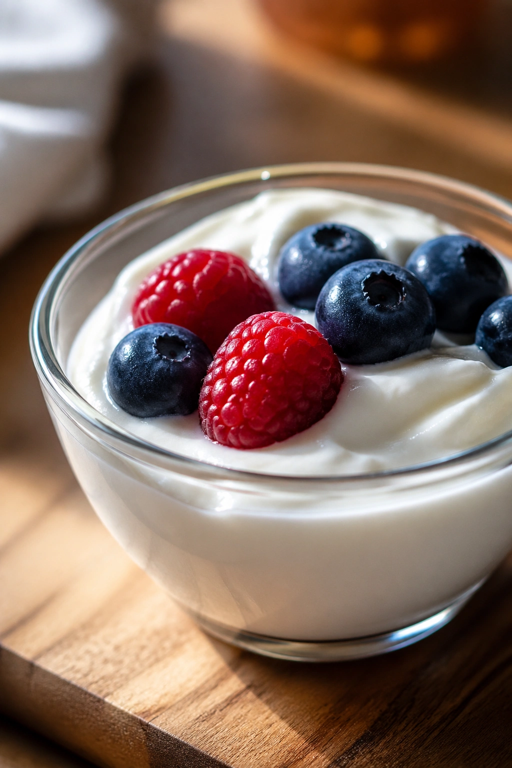 Close-up of a small Greek yogurt snack with berries on a kitchen counter