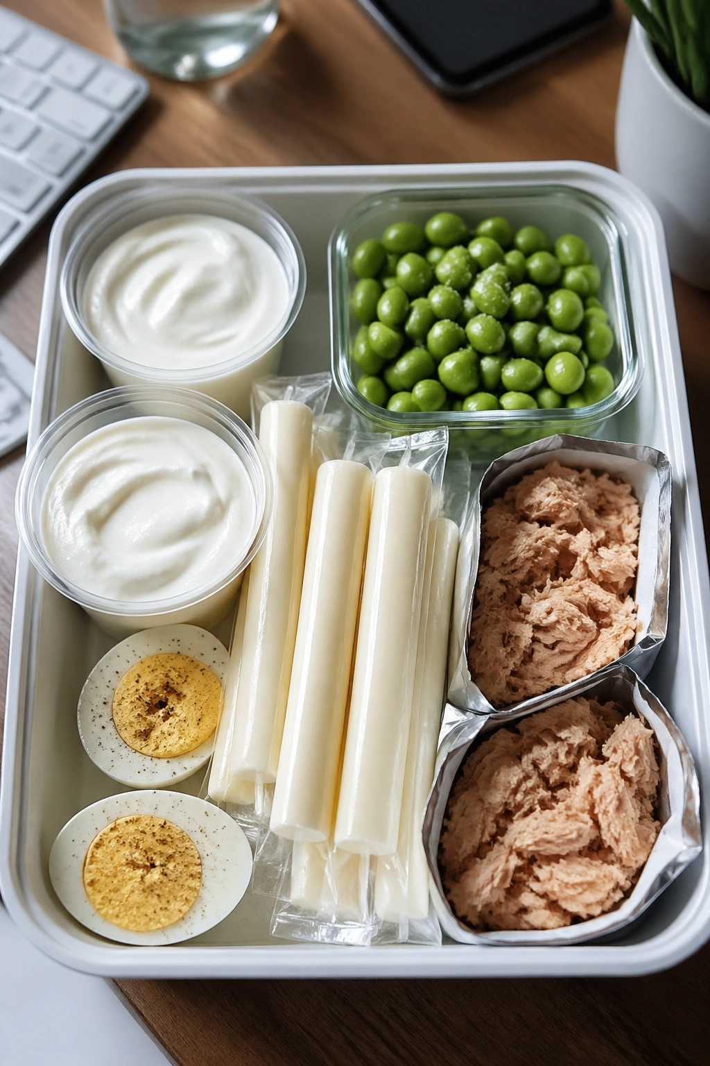 Top-down view of a desk snack tray with high-protein items