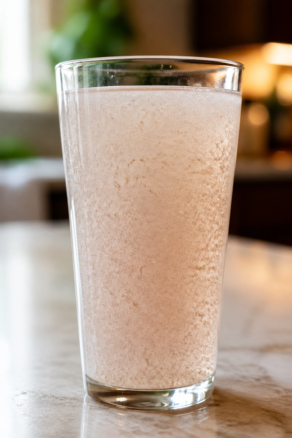 Close-up of a glass with cloudy psyllium drink on a kitchen counter