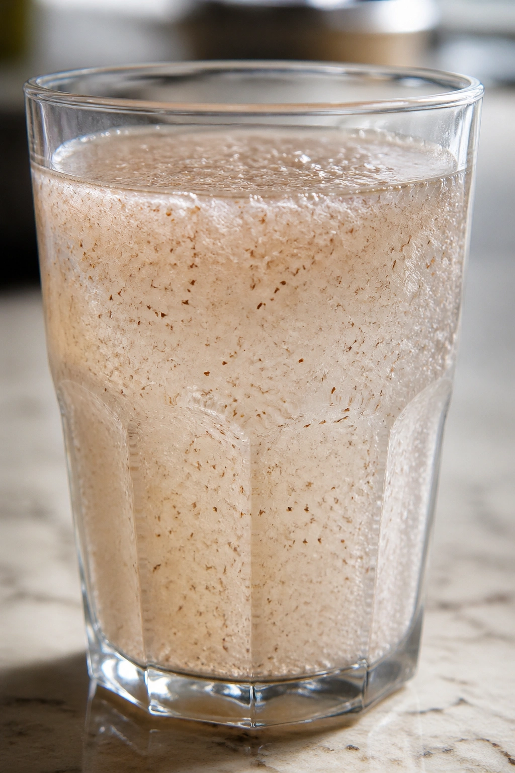Glass of psyllium husk drink on a kitchen counter
