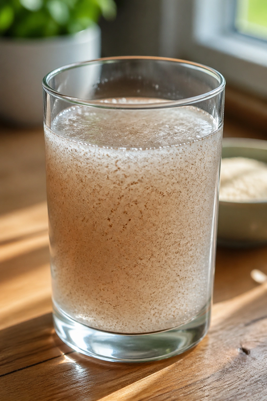 Close-up of a thick psyllium husk drink in a glass on a kitchen counter.