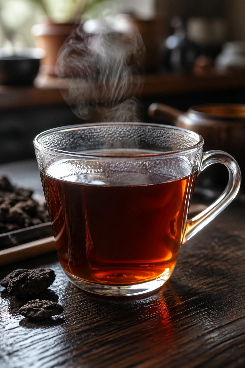 Close-up of dark amber pu-erh tea in a glass cup on a wooden table