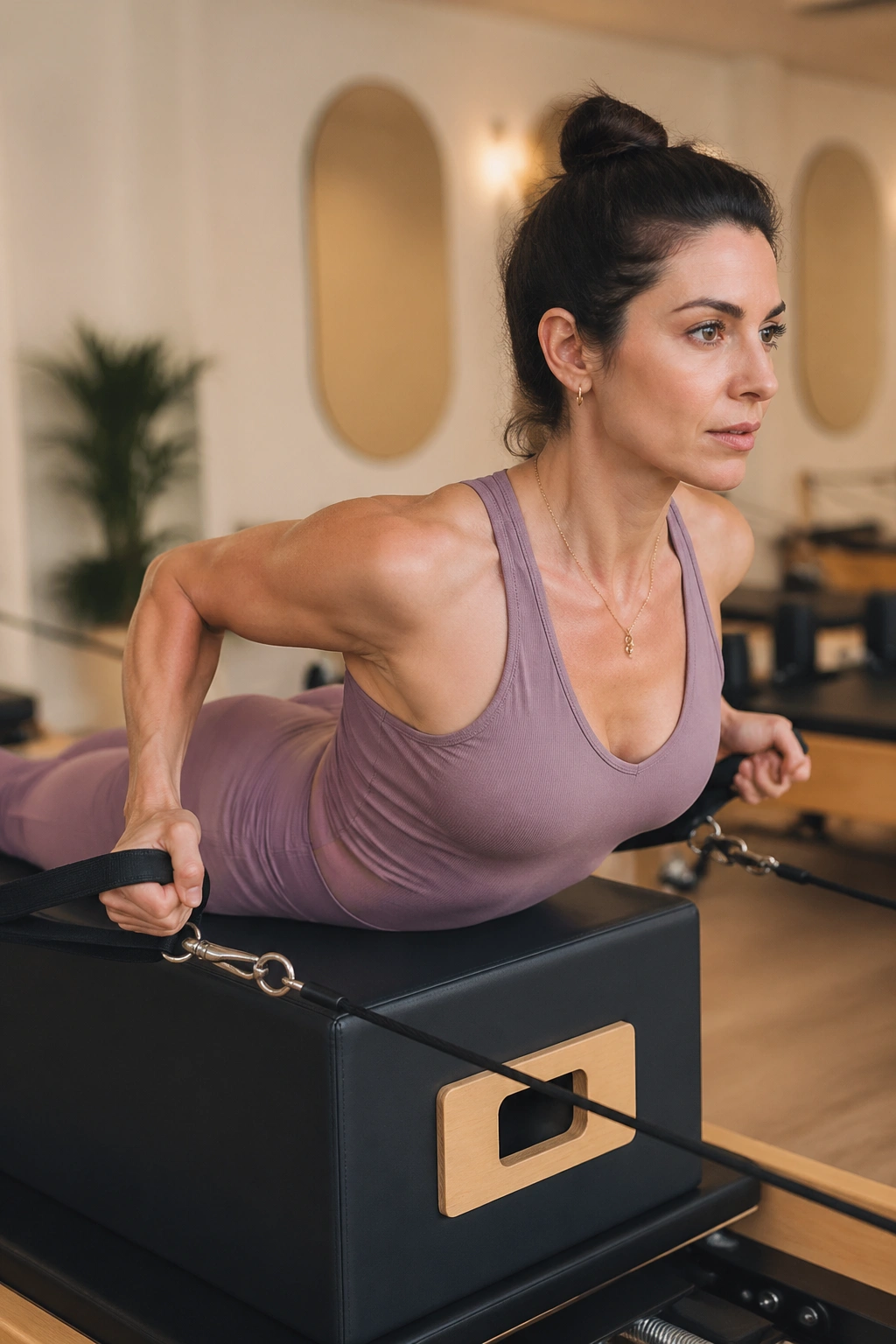 Prone figure on long box pulls straps, chest lifts, back engaged