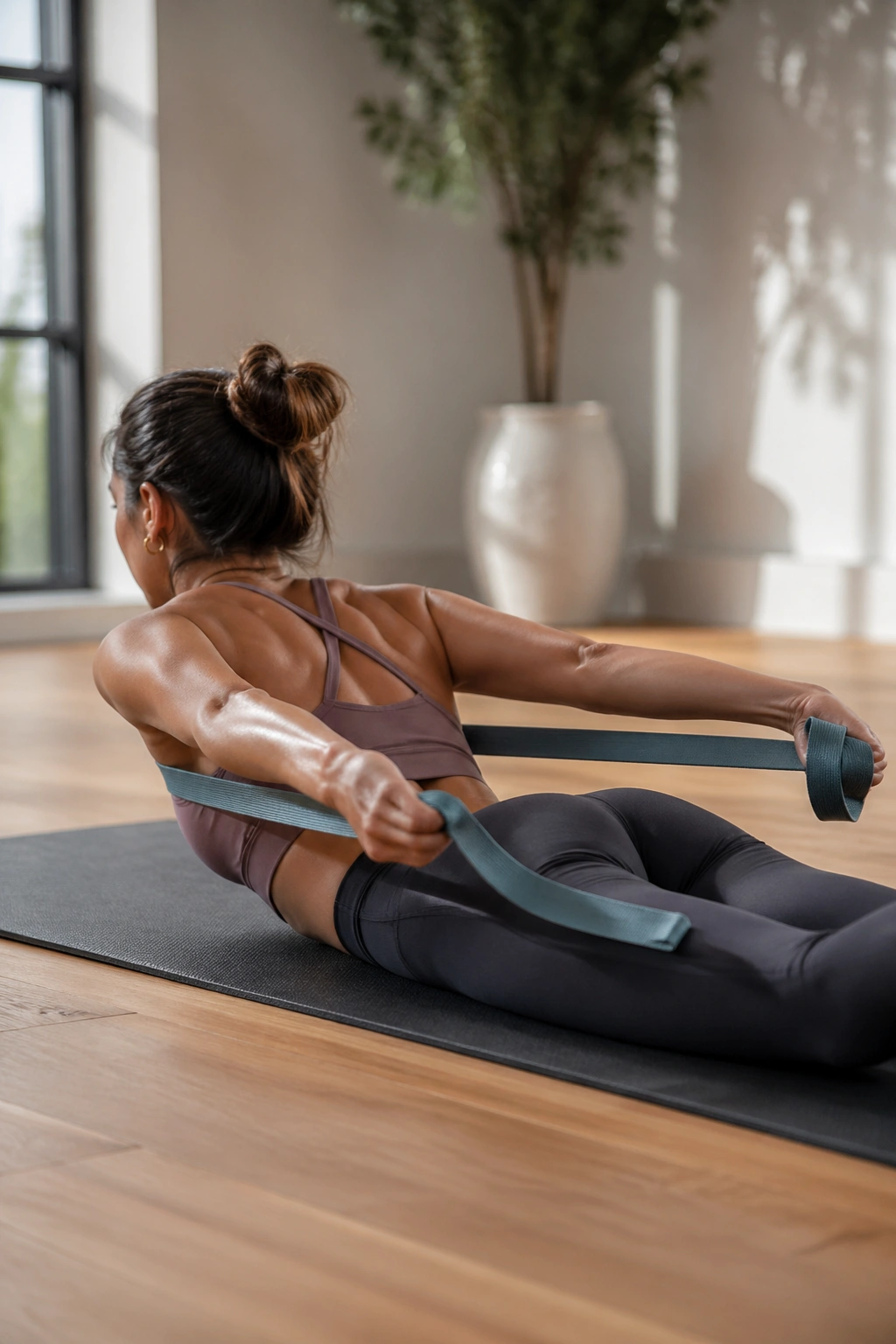 Close-up of a person performing Pulling Straps on the Mat on a mat