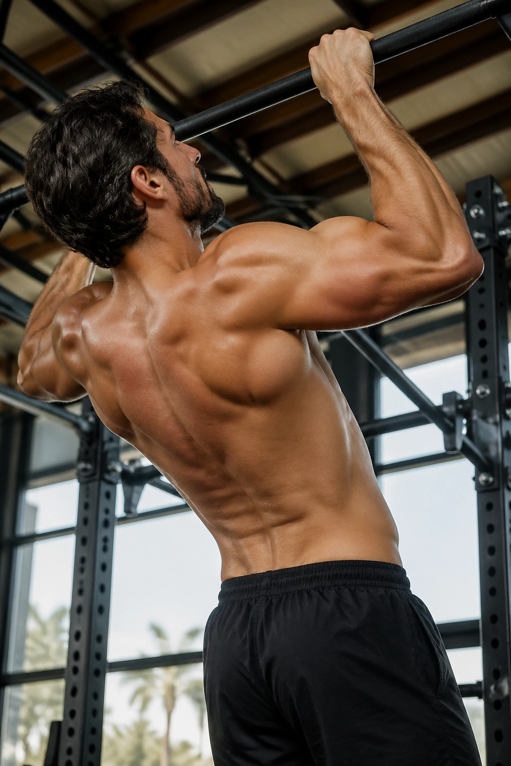 Person performing a pull-up with chin above bar, back muscles engaged