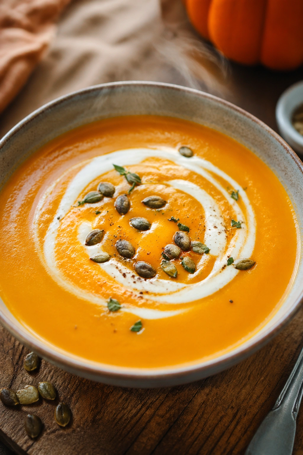 Close-up of pumpkin carrot soup with coconut milk swirl in a bowl