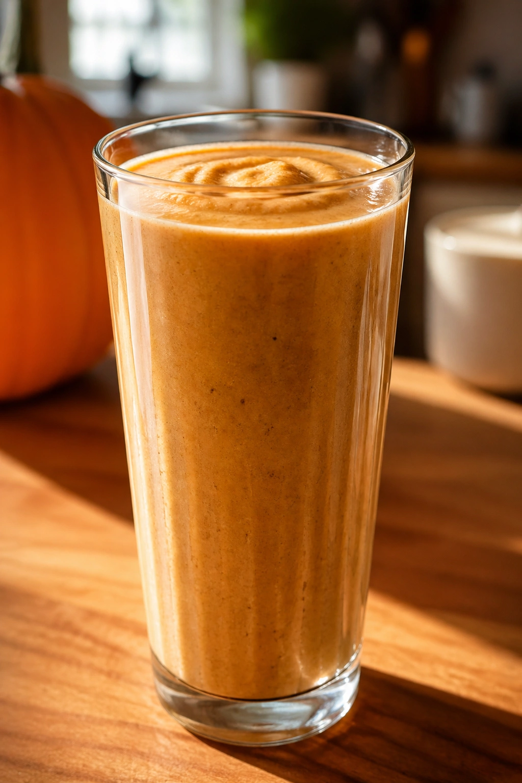 Close-up of a glass of pumpkin spice kefir smoothie on a wooden kitchen counter.