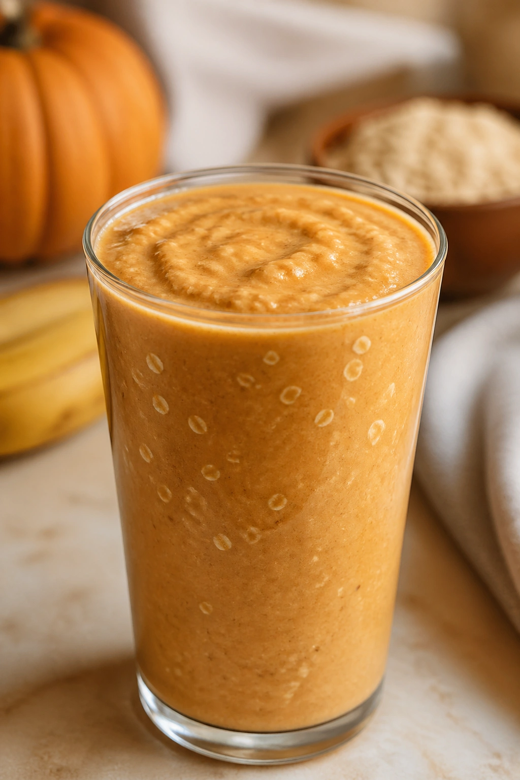 Close-up of pumpkin pie oat smoothie in glass on kitchen counter