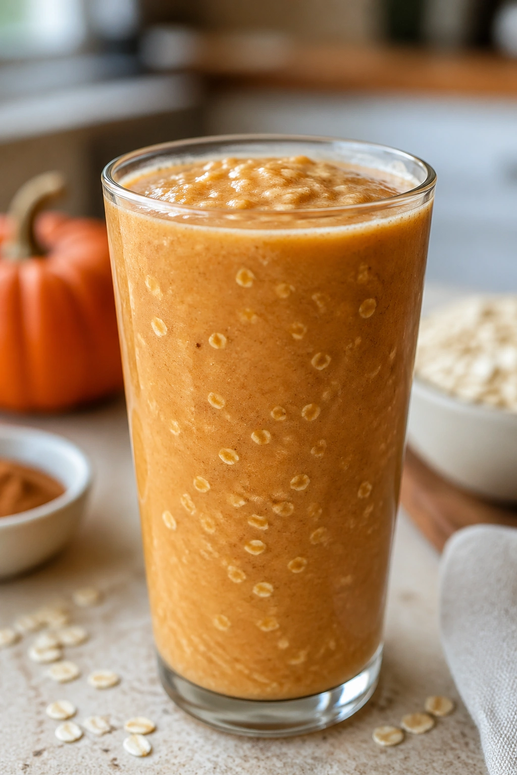 Pumpkin Oat Spice Recovery Blend in a glass with oats texture