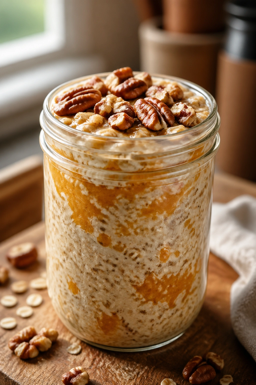Jar of pumpkin flax pie oats with pumpkin puree and flaxseeds visible
