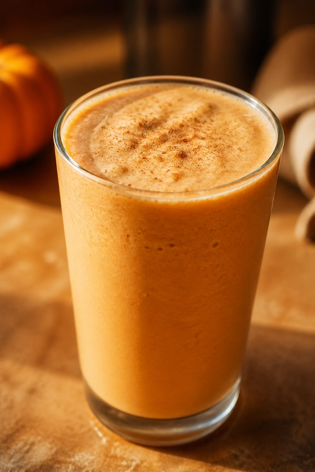 Close-up of pumpkin pie protein shake in a glass on a kitchen counter