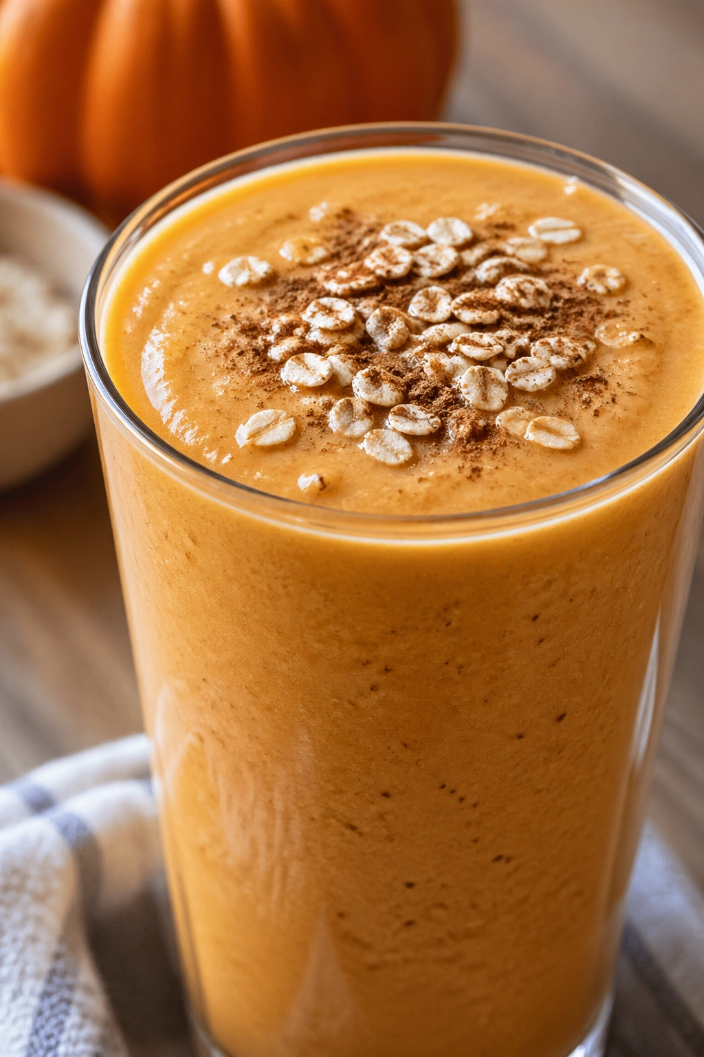Pumpkin pie smoothie in a glass on a rustic kitchen counter