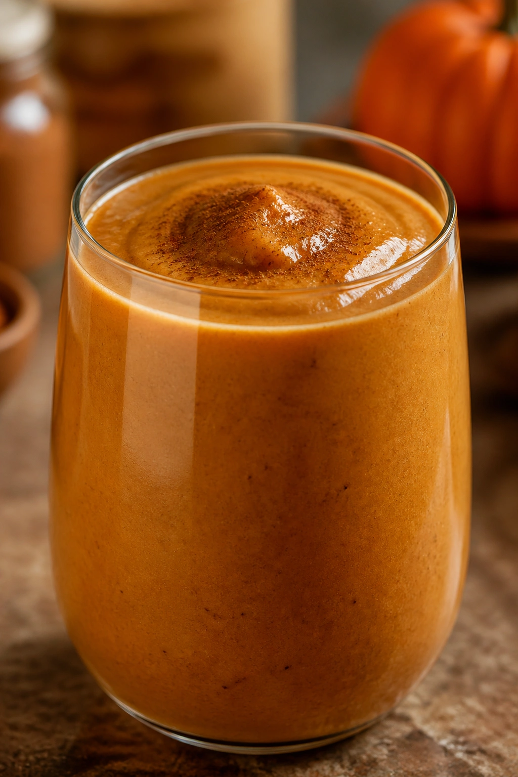 Close-up of Spiced Pumpkin Pie Recovery smoothie in a glass with orange hue.