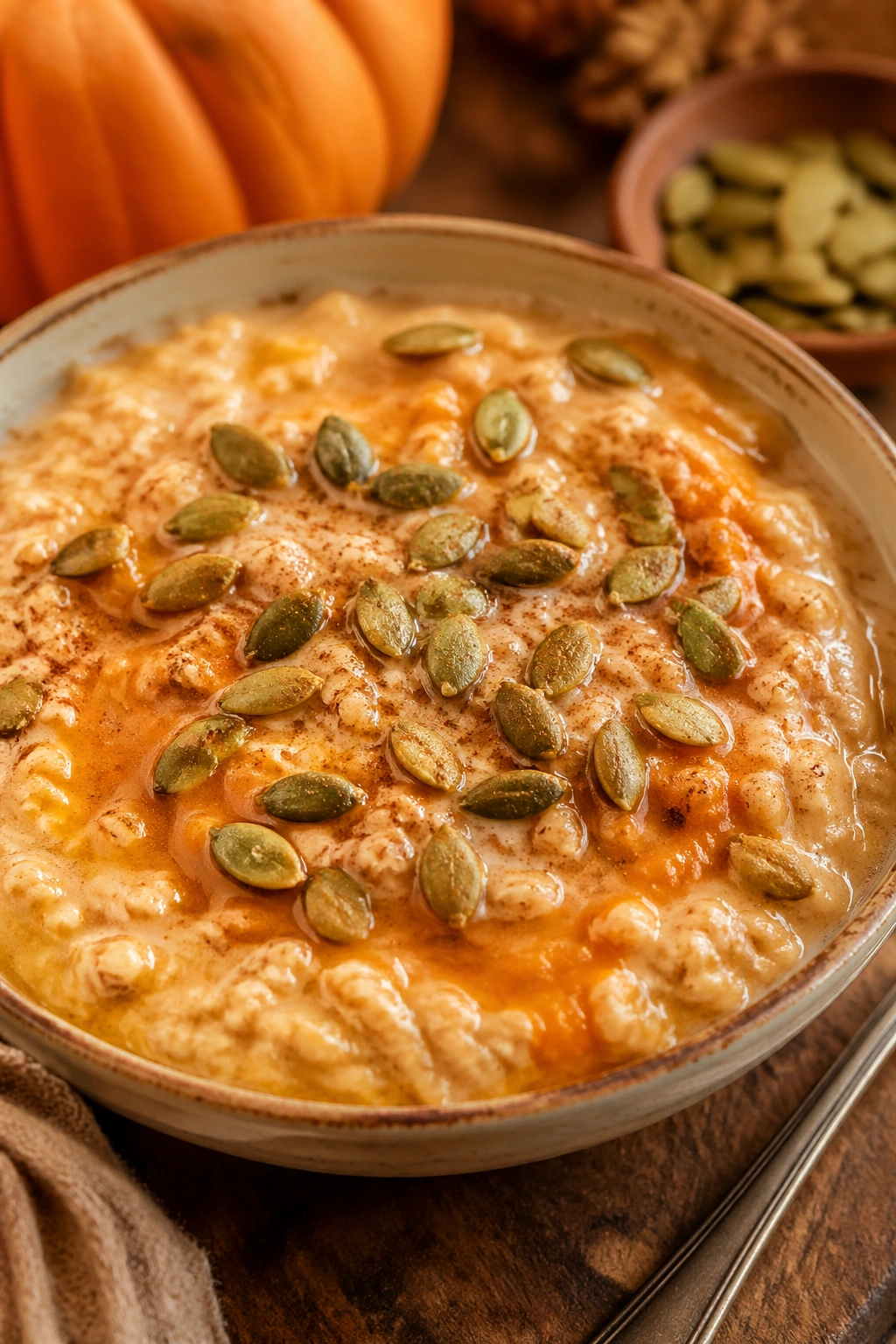 Close-up of Pumpkin Pie Whey Oatmeal with pumpkin seeds in a cozy kitchen