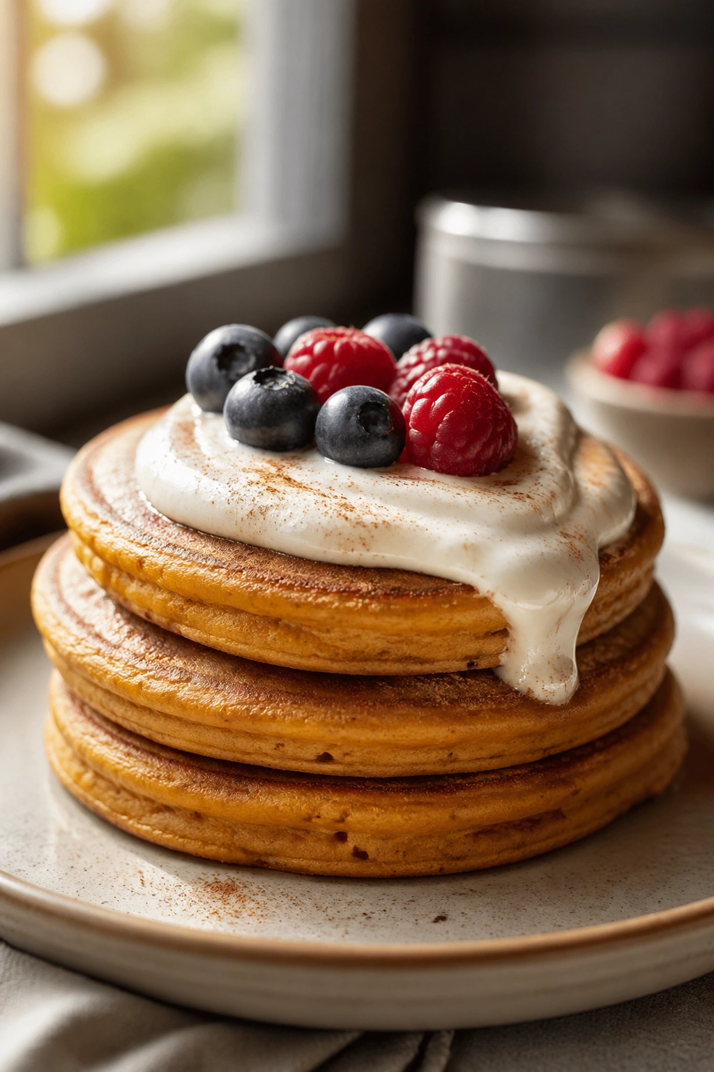 Close-up of pumpkin protein pancakes with warm yogurt on a plate in a cozy kitchen