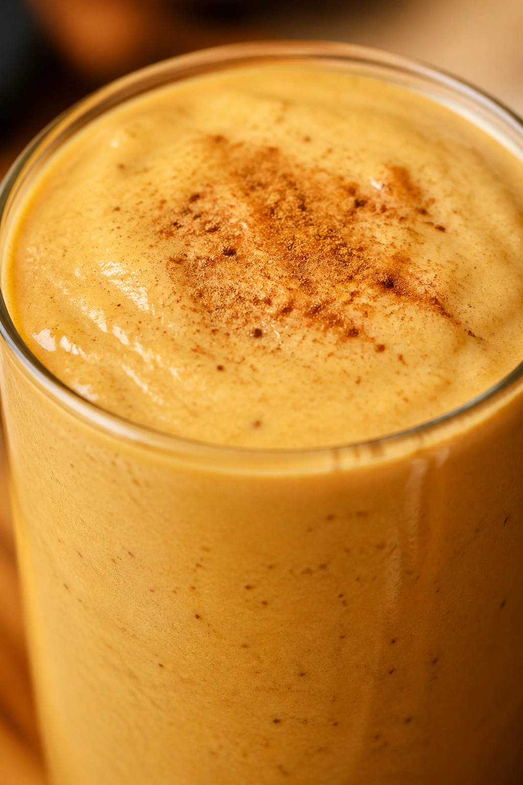 Close-up of a pumpkin pie protein boost smoothie in a glass on a warm-lit kitchen counter