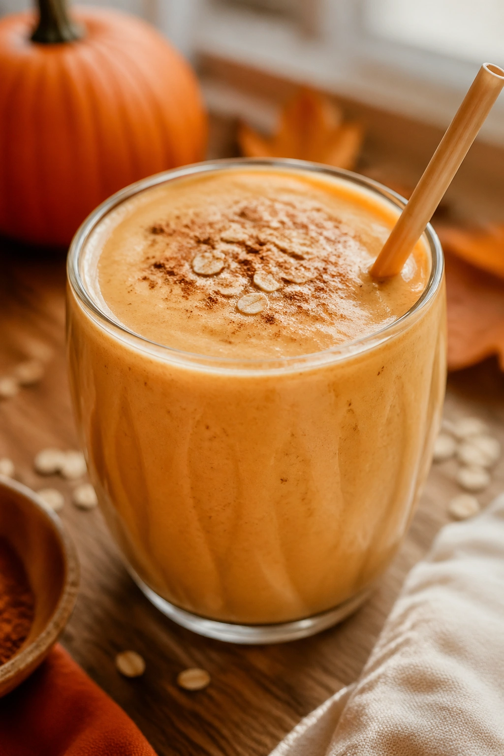 Close-up of pumpkin pie protein smoothie in a glass on a kitchen counter