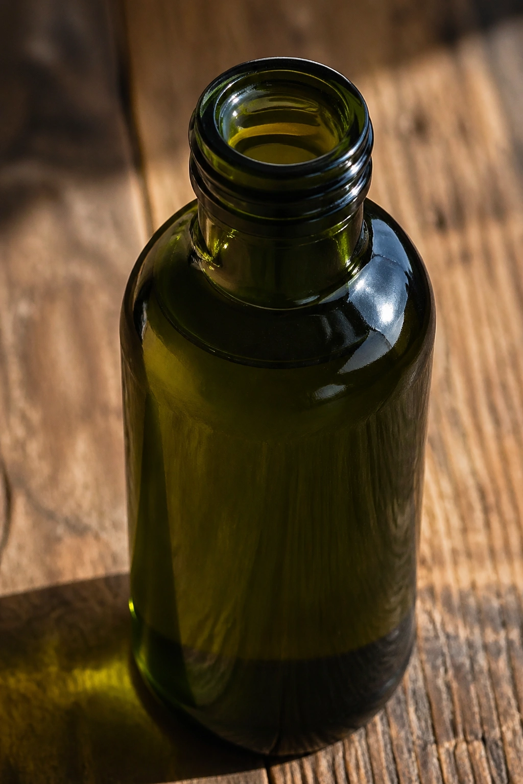Close-up of a dark green pumpkin seed oil bottle on a wooden table with natural light