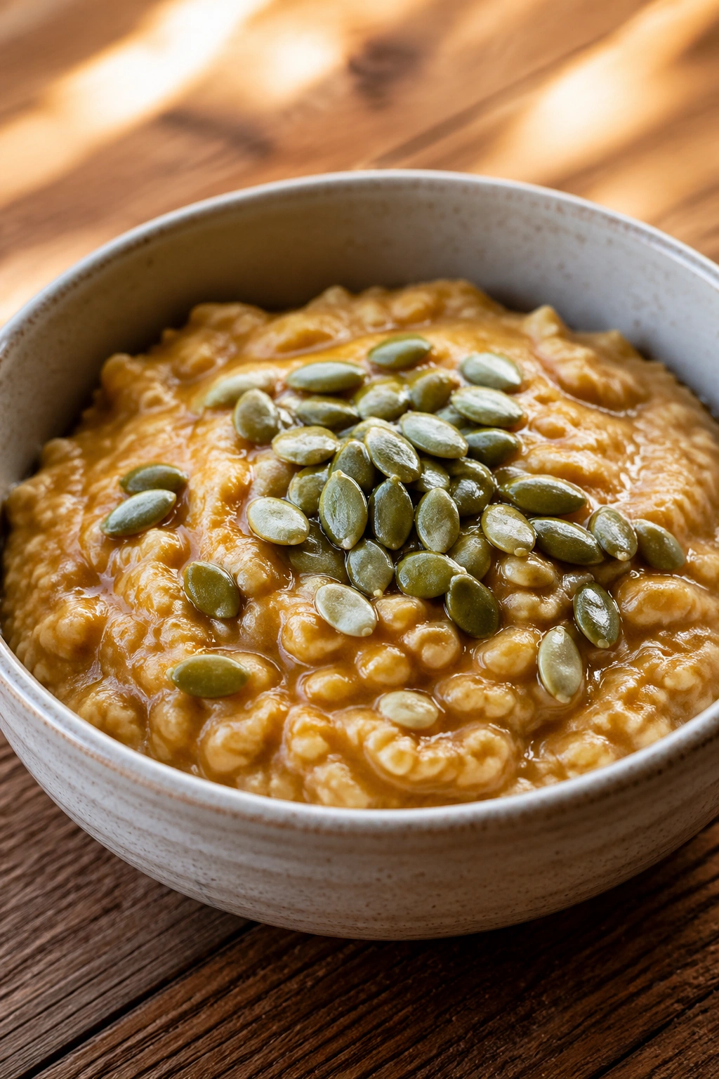 Oatmeal with pumpkin purée and seeds in a bowl on a wooden table