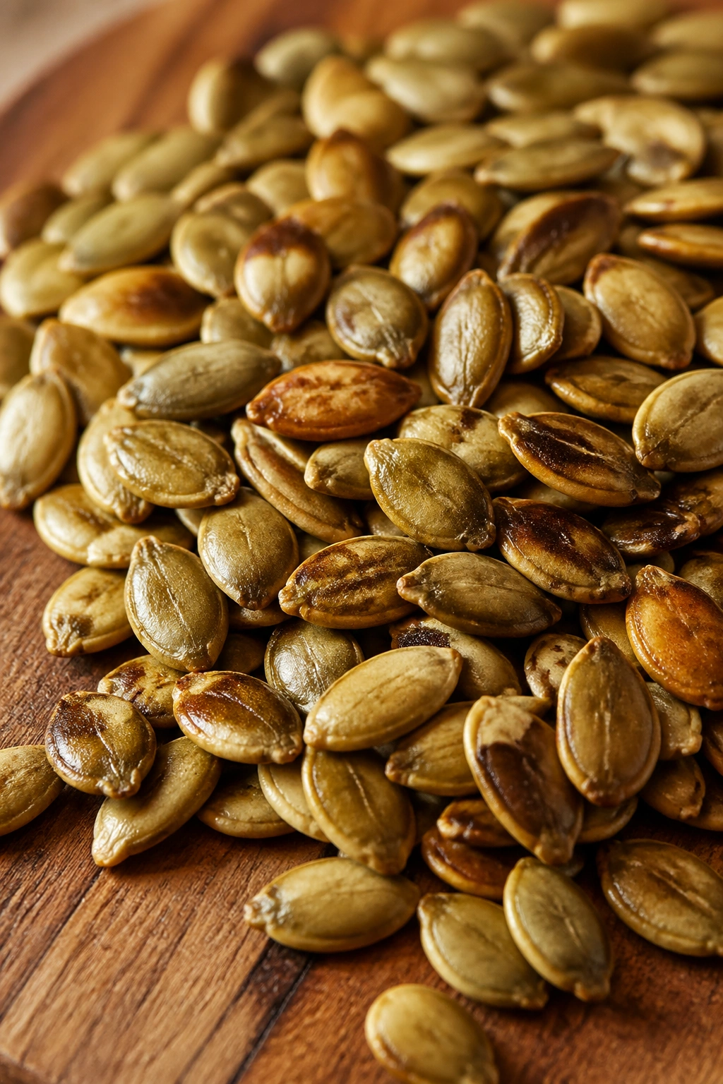 Close-up of roasted pumpkin seeds filling frame on a wooden surface