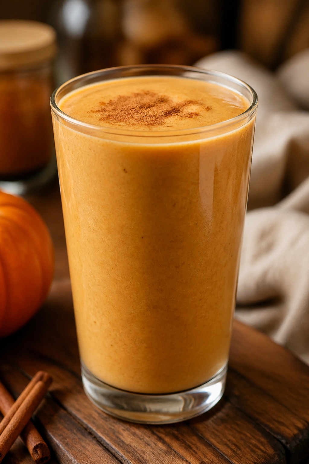 Close-up of Pumpkin Pie Protein Smoothie in a glass with cinnamon dusting on a wooden table