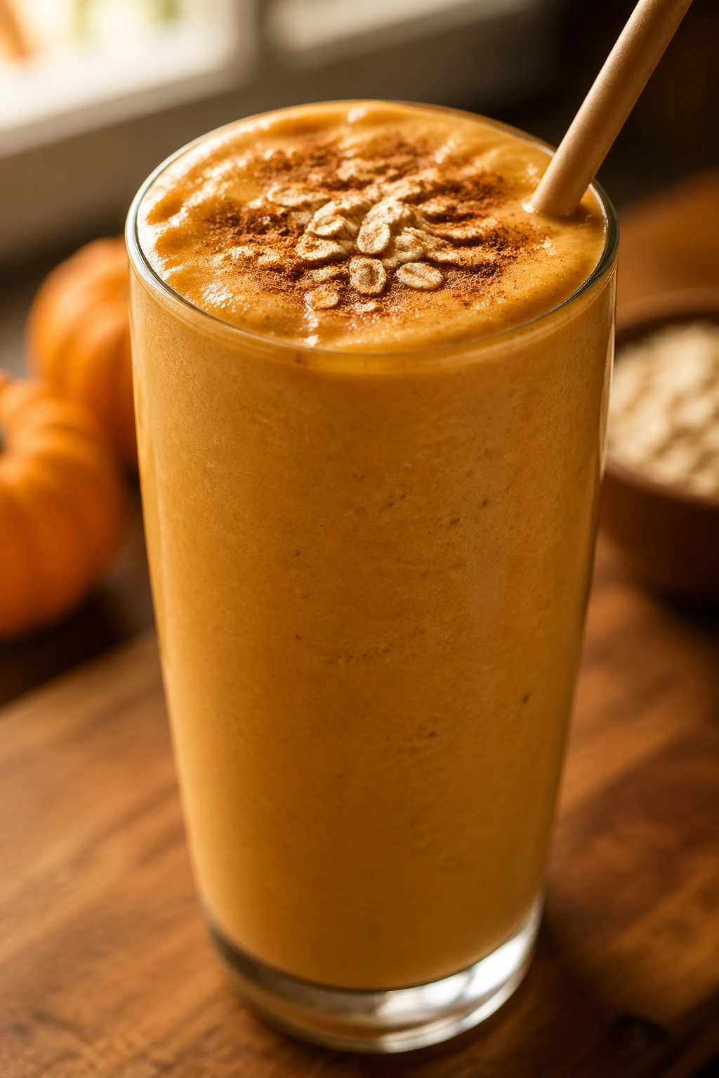 Close-up of a Pumpkin Pie Protein Smoothie in a glass on a warm kitchen counter