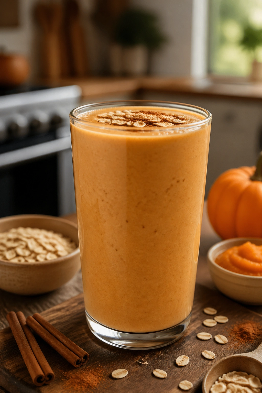 Pumpkin Spice Oat Shake in a glass with warm autumn tones