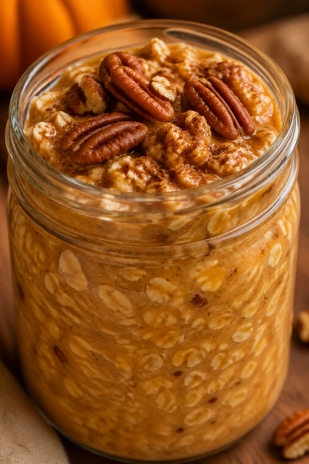 Pumpkin Spice Pecan Oats in a jar with pecans and pumpkin