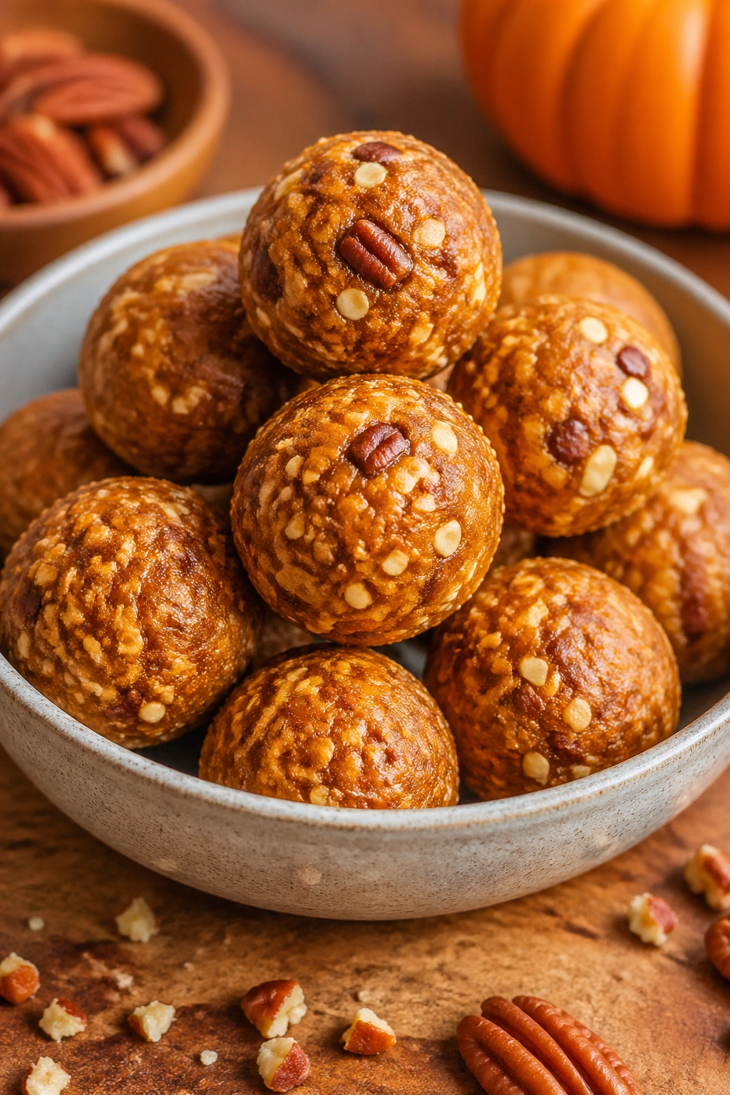 Close-up of Pumpkin Spice Pecan Protein Balls with pecans on wood surface
