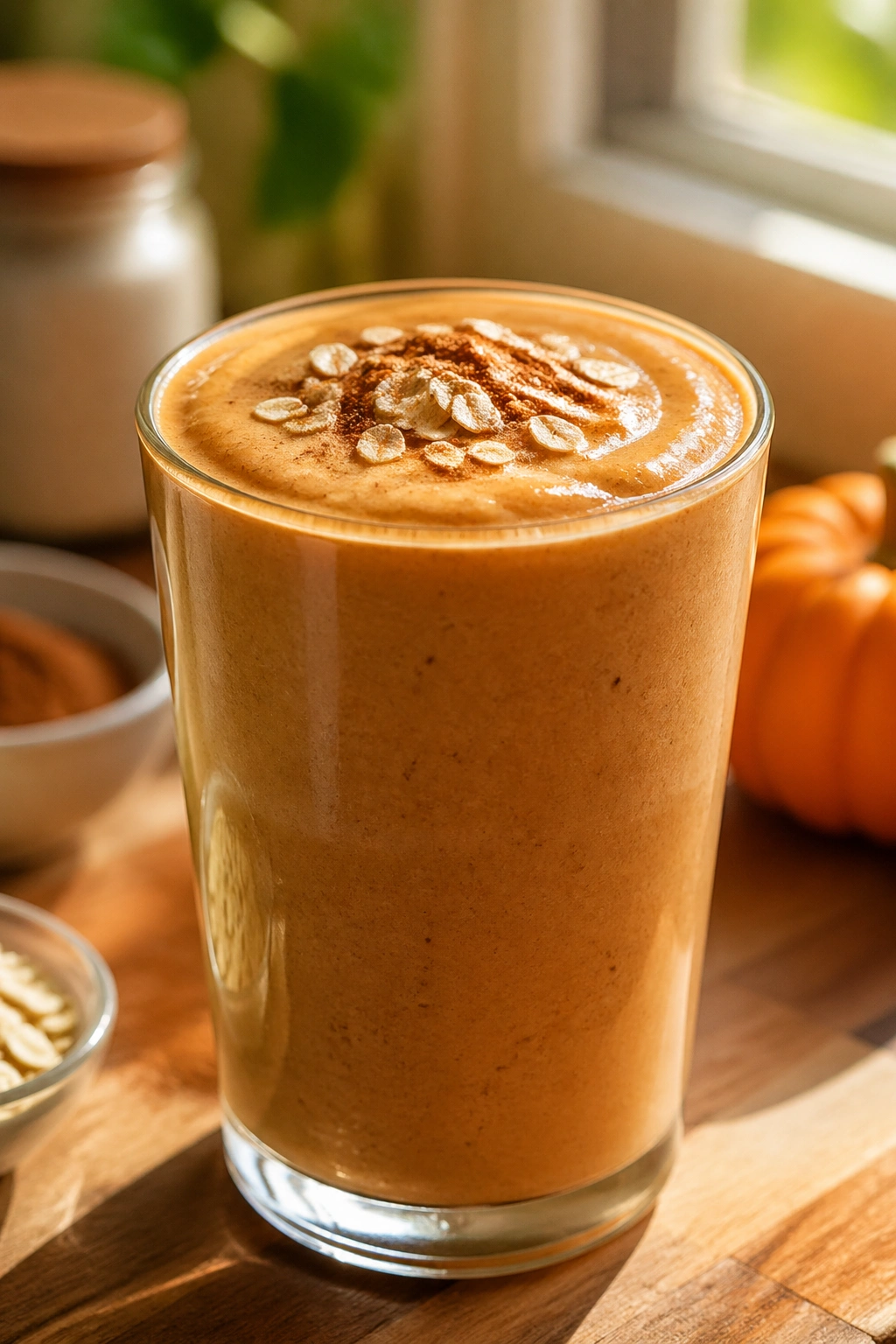 Close-up of a thick pumpkin spice recovery smoothie in a glass on a warm kitchen counter