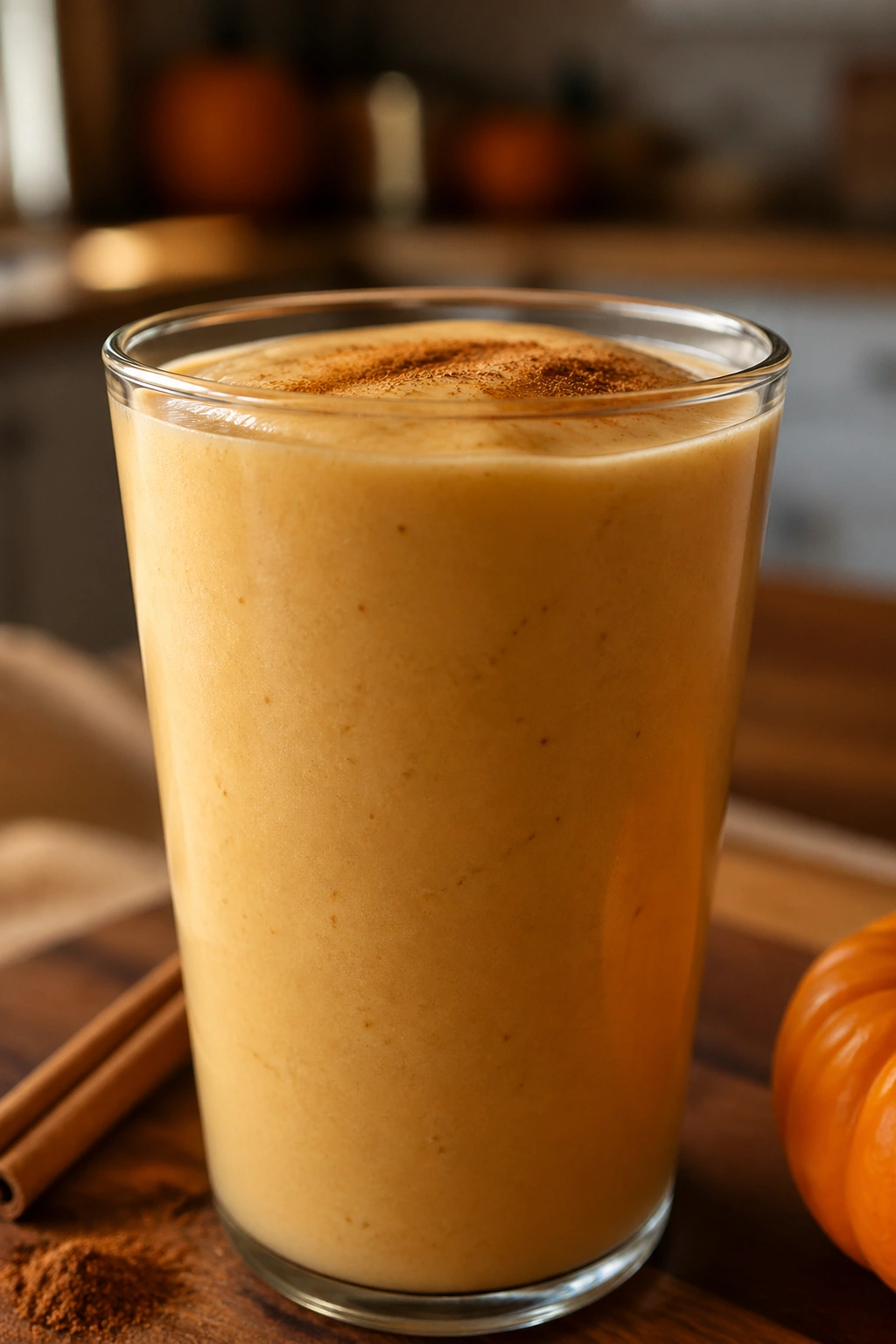 Close-up of a glass of Pumpkin Pie Protein Shake in a cozy kitchen
