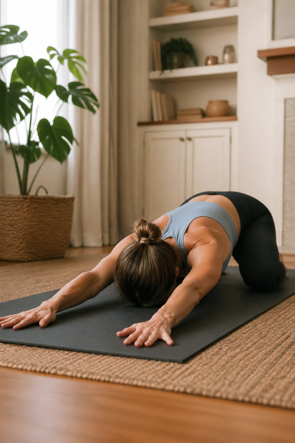 Puppy Pose stretch focusing on chest and lat opening.