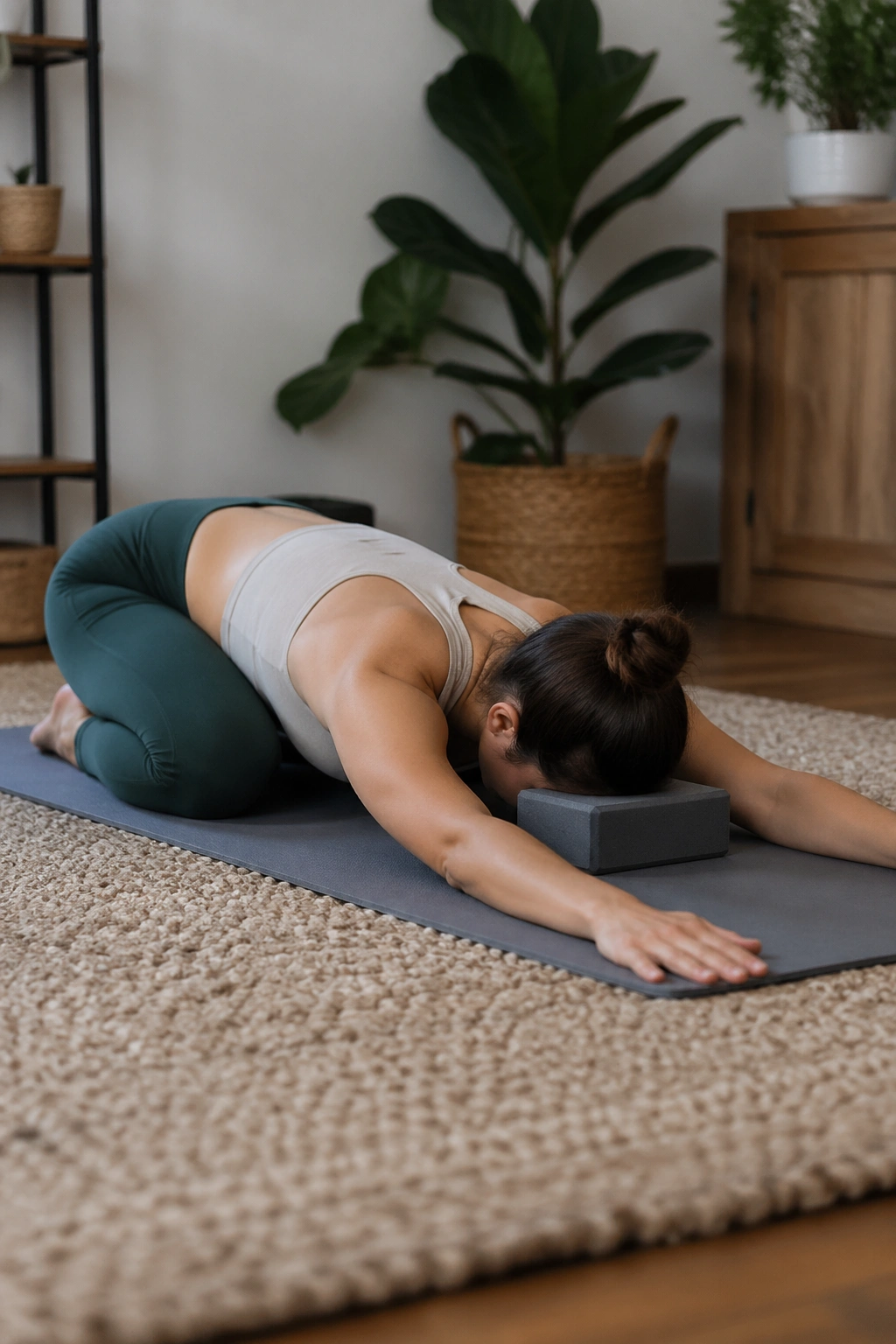 Close-up of a person in Puppy Pose with chest reaching toward the floor.