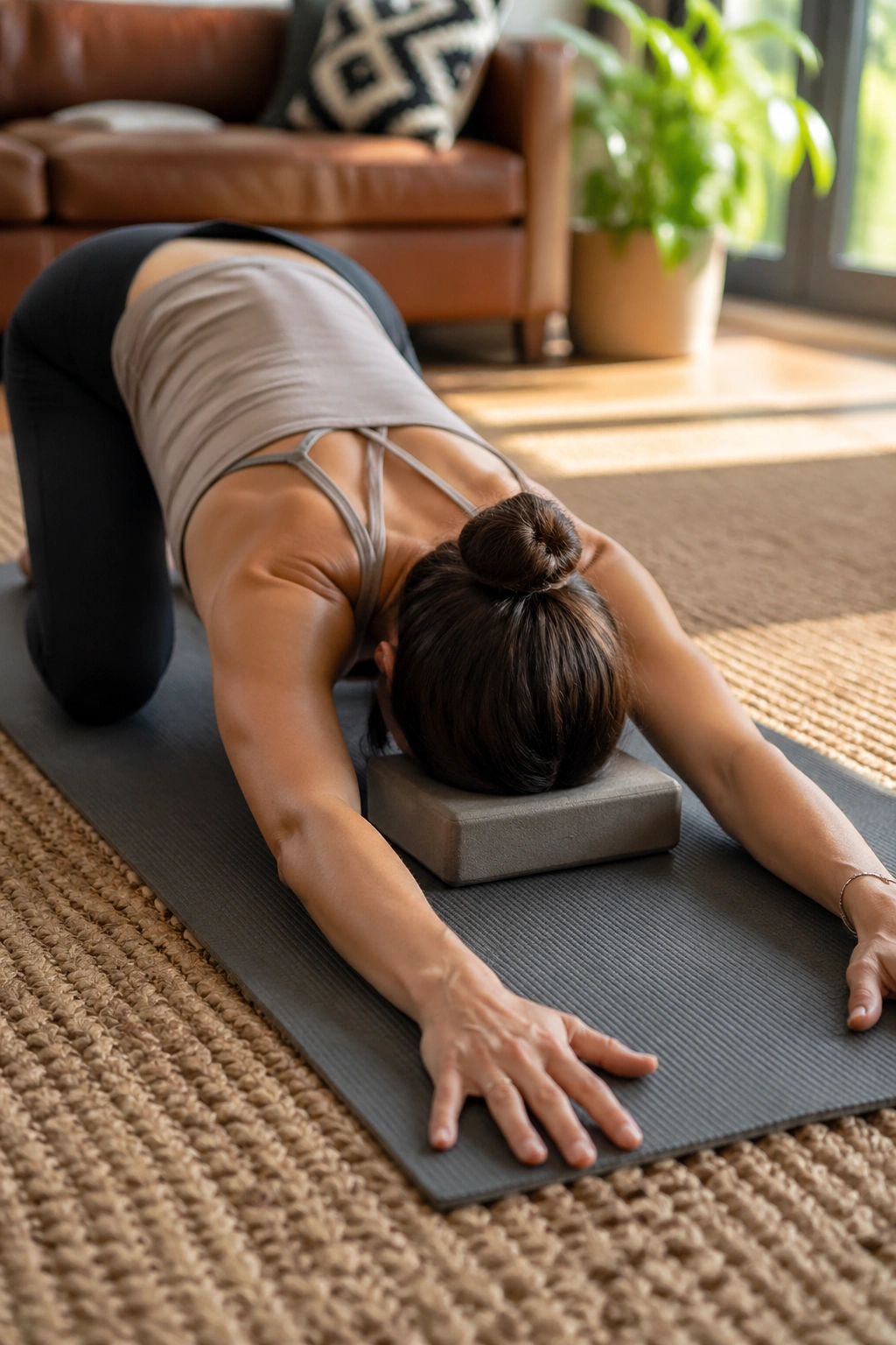 Person in Puppy Pose with forearms on mat and chest reaching forward