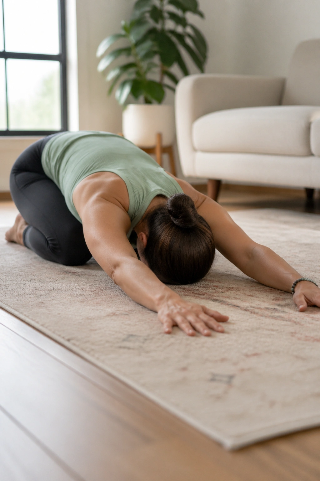 Close-up of a person in puppy pose opening the shoulders and upper back