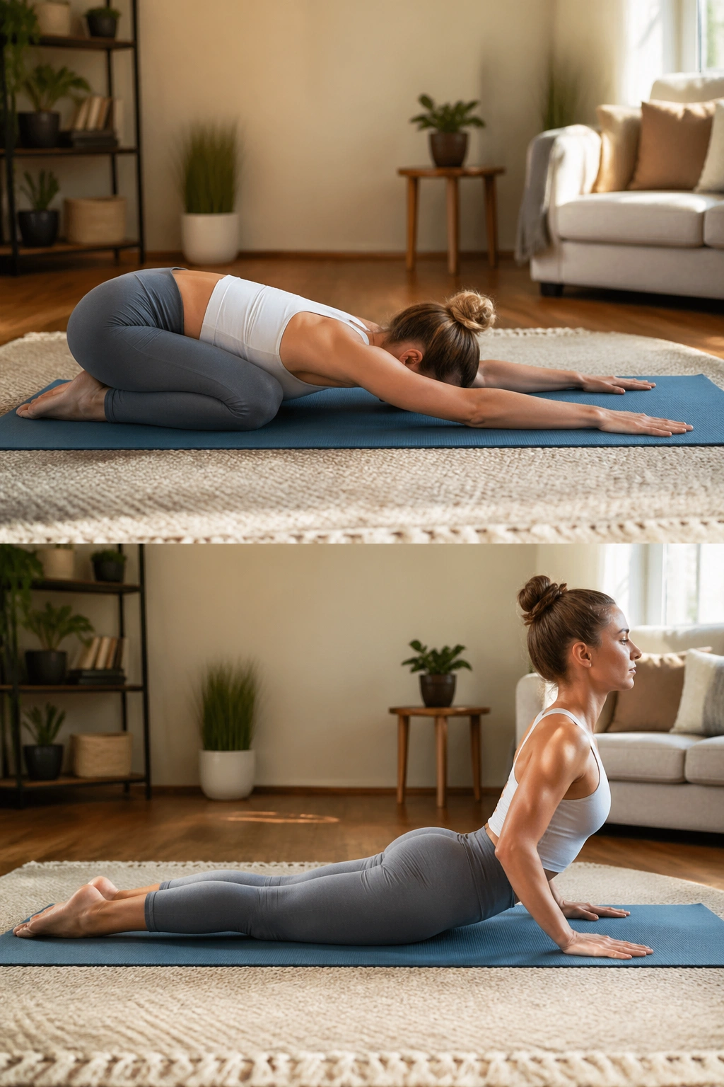 Person transitioning from Puppy Pose to Swan Dive Back Extension on a mat in a cozy home setting.