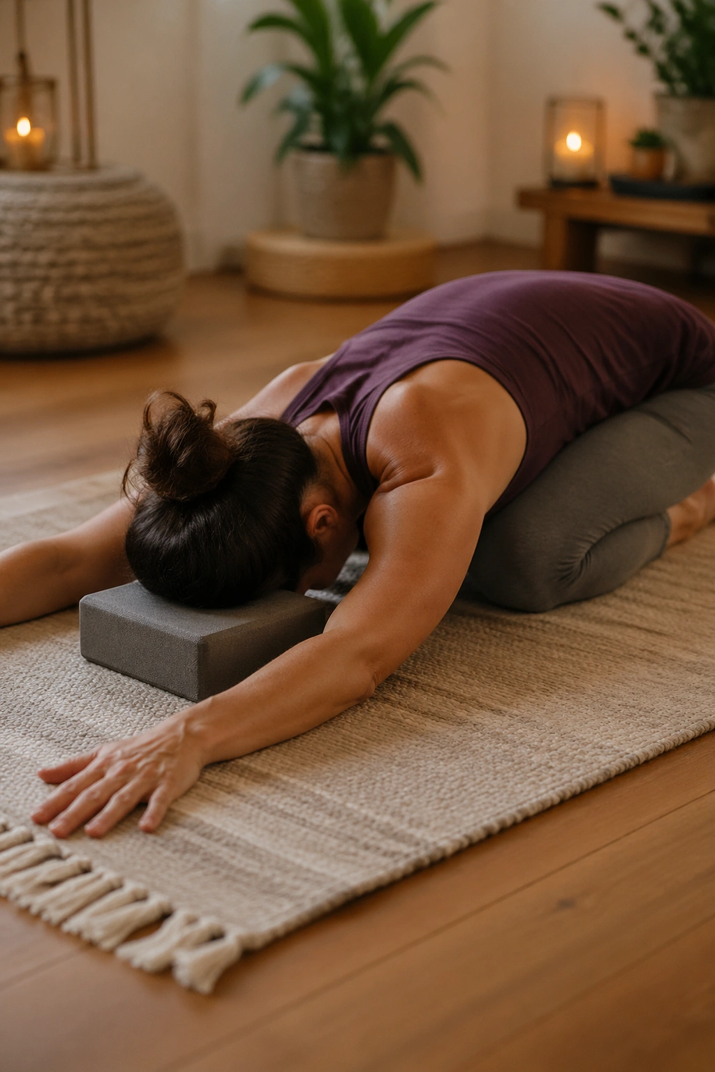 Person in Puppy Pose with chest reaching forward to open the upper back