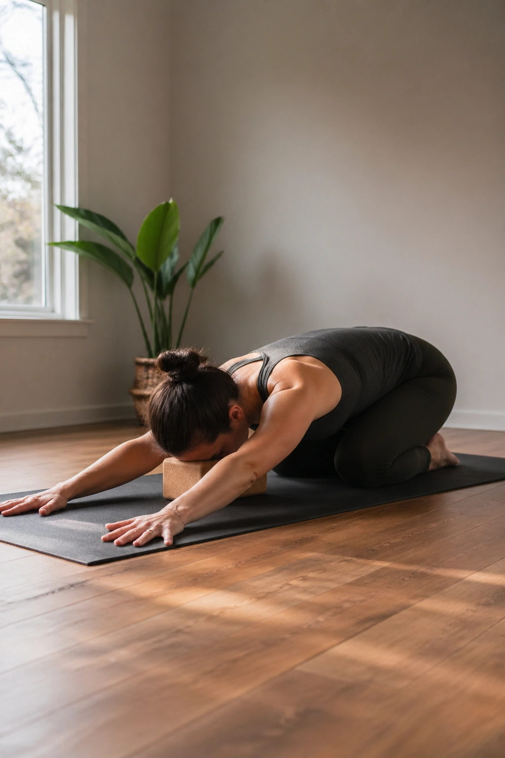 Person in Puppy Pose on hands and knees with chest toward the mat.
