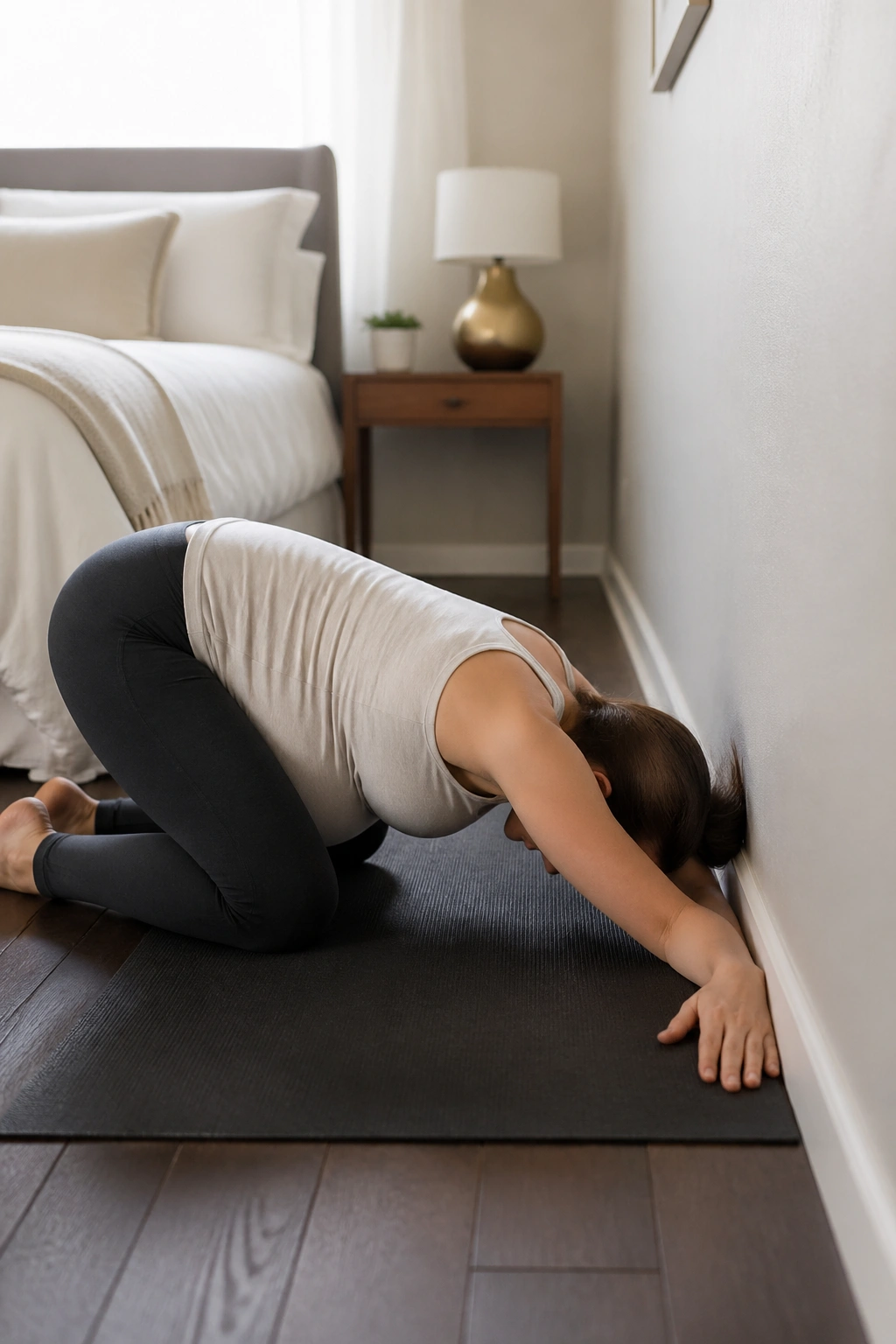 Pregnant person in Puppy Pose at the Wall with chest lowered